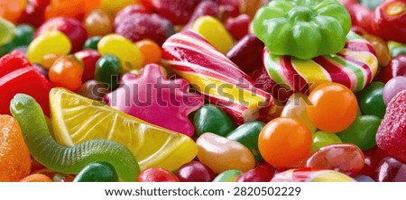 A close-up, high-angle view of a large pile of various candies, including gummy worms, lollipops, and jelly beans, in a multitude of bright colors.