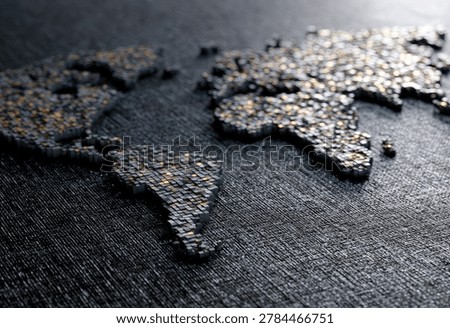 A close-up, high-angle view of a textured, three-dimensional world map sculpture, rendered in dark, rough material, set against a dark, grainy background.
