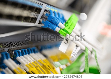 Close-up of high-density network switch chassis with fiber optic patch cords and cable labels in server room.