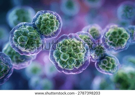 A close-up, high-resolution image showcasing the intricate details of cellular formations, rendered in a striking palette of blues and greens.