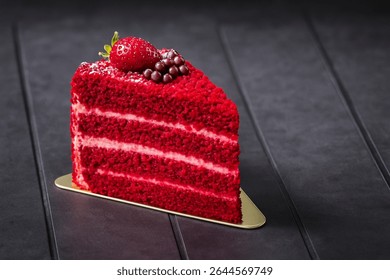 A close-up, high-resolution image of a vibrant red velvet cake slice with creamy white layers, topped with a fresh strawberry and chocolate pearls. The dessert is placed on a sleek golden base against