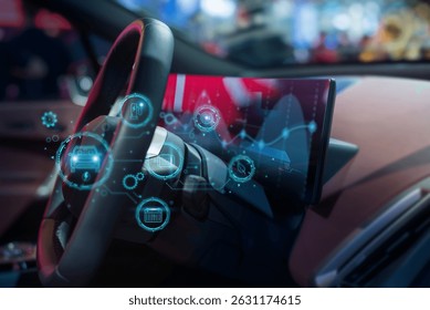 Close-up of a high-tech electric vehicle dashboard featuring a digital interface, futuristic HUD graphics, and smart driving analytics.