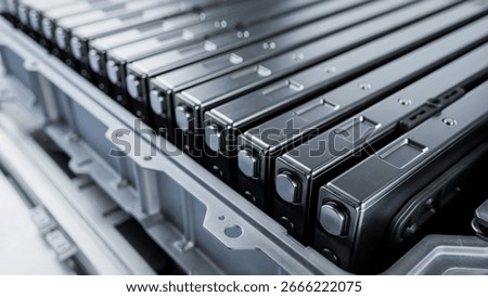 Close-up of High-voltage Rectangular Battery Cells for Electric Vehicle or Hybrid Car. EV Battery Module for Automotive Industry. High Performance and High Capacity Blade Battery