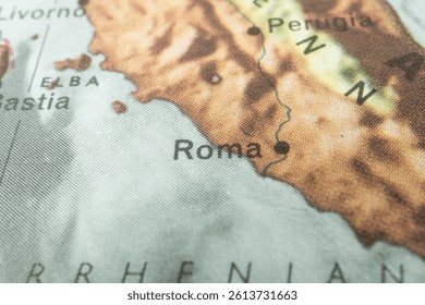 Close-up historical map of Romes territory ROMA, part of North Africa, featuring varied terrain, topographical details, potential mountains or hills, and possibly medieval era style