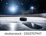 Close-up of a hockey puck falling onto the ice surface at the ice rink. Dramatic scene.