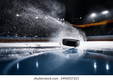 Close-up of a hockey puck falling onto the ice surface at the ice rink. Dramatic scene.