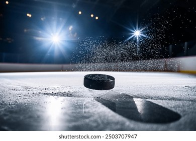 Close-up of a hockey puck falling onto the ice surface at the ice rink. Dramatic scene.