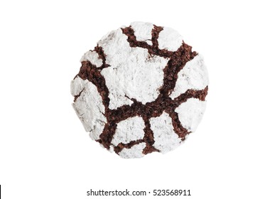 Closeup Homemade Chocolate Crinkle Isolated On White. Chocolate Cookie Powdered Sugar. Top View.