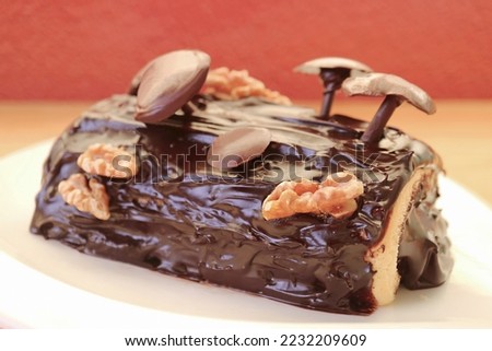 Closeup of Homemade Chocolate Yule Log Cake with Mushroom Decoration for Christmas