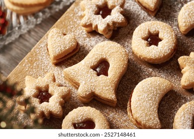 Closeup of homemade Linzer Christmas cookies filled with strawberry marmalade and dusted with sugar - Powered by Shutterstock