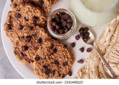 Closeup Homemade Oatmeal And Banana Cookies With Chocolate Chips