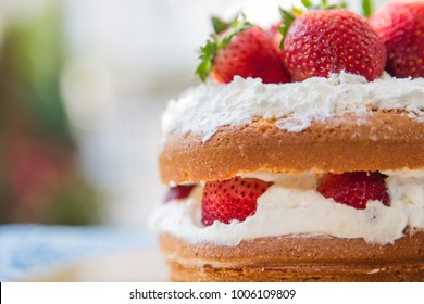 Closeup homemade strawberry shortcake with blurry background