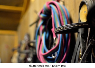 Closeup Of Horse Tackle ‘tack’ In A Stable. Head Collars, Lead Ropes And Bridles Hang On A Wooden Stable Wall.