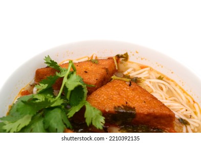 Closeup Of Hot Vegan Noodle Soup Bowl, Top Down