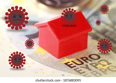 A Closeup Of A House Figurine On A Euro Banknote Surrounded By Angry Viruses - Virus Impact On Housing