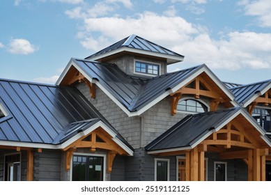 Close-up house retro roof panel with standing seam and fasteners. Classic style black metal panel with rebate joint. Modern galvanized steel roofing sheet with ribs. Falz roofing. Building's covering - Powered by Shutterstock