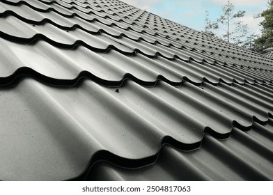 Close-up house roof with steel roofing sheet. Traditional metal shingle tiles. Gray modular tile effect roof panel. Profiled metallic corrugated pantile as clay or concrete slate. Building's covering - Powered by Shutterstock