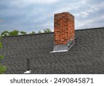 Close-Up of a House Rooftop with Brick Chimney and Vent, Brighton, MA, USA