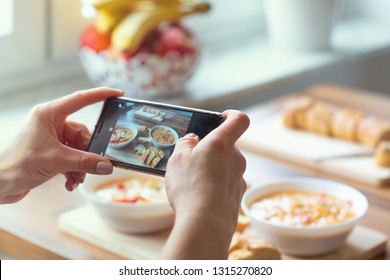 Closeup How Womans Hands Taking Photo Of Vegetarian Food At Home