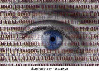 Closeup Of Human Eye With Digital Binary Code. Concept Of Internet Spying.