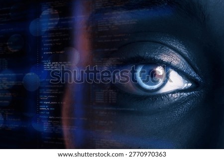 Close-up of a human eye with digital code overlay, symbolizing technology and data integration. Blue tones create a futuristic feel.