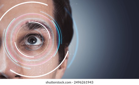 Close-up of a human eye with a digital interface overlay on a gradient background. Concept of future technology and vision recognition interface - Powered by Shutterstock