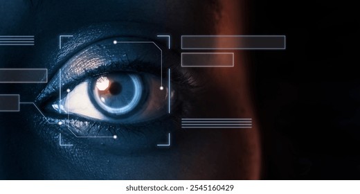 Close-up of a human eye with digital interface overlay. The eye, surrounded by digital elements, suggests technology and innovation. Digital eye scanner, security technology concept with copy space. - Powered by Shutterstock