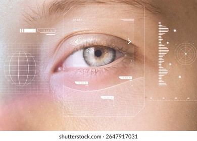 Close-up of a human eye with digital overlays. Eye, technology, and digital elements highlight futuristic themes. Eye focus with tech interface, digital design. People and lifestyle image.