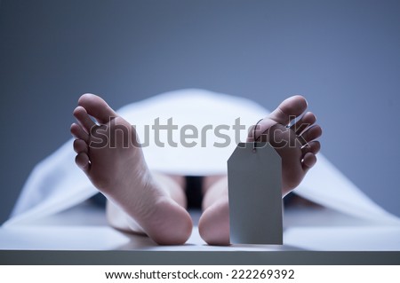 Close-up of human feet in the morgue