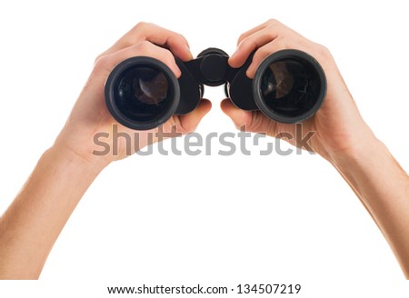 Close-up Of Human Hand Holding Binoculars On White Backgrounds