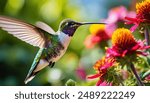 A close-up of a hummingbird hovering by vibrant flowers, wings a blur, capturing a delicate moment.