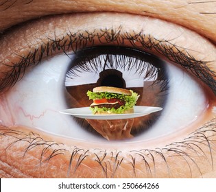 Closeup Of Hungry Human Eye Macro Mode With Double Exposure And Fast Food Burger In