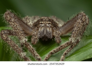 Close-up of a huntsman spider camouflaging on a large, vibrant green leaf in a lush rainforest environment - Powered by Shutterstock