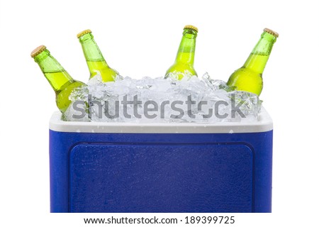 Closeup of an ice chest full of ice and assorted beer bottles. isolated on white