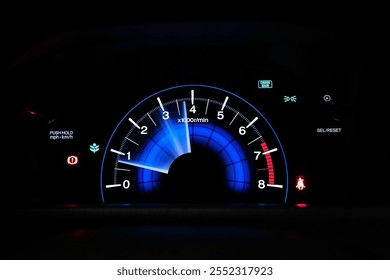 Close-up of an illuminated car tachometer at night, featuring blue lighting with red accents. Includes details like cruise control, eco mode, and seatbelt warning indicators for automotive context. - Powered by Shutterstock - Get 15% off with code: PIKWIZARD15