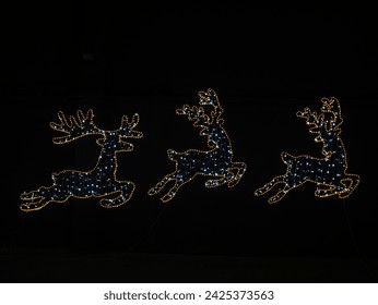 Closeup Illuminated Christmas figure, Santa Claus's reindeer from bright LED garland on dark black background