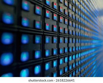 Close-up of an illuminated LED matrix display, showing a grid of blue diodes glowing against a dark background, emphasizing digital technology and modern electronics