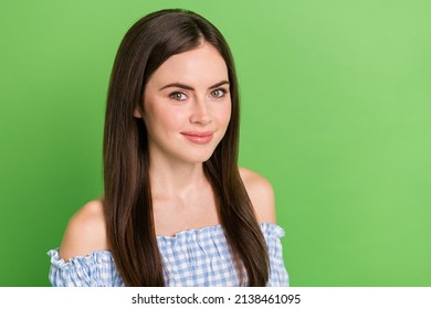 Close-up Image Of Adorable Cute Female With Perfect Natural Makeup Beauty Guru Isolated On Green Color Background