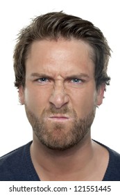 Close-up Image Of Angry Face Of Man Isolated On A White Background