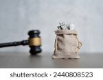 Closeup image bag of money and judge gavel. Lawsuit, auction, bribe and penalty concept.