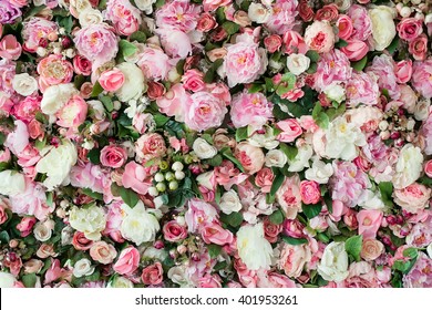 Closeup image of beautiful flowers wall background with amazing red and white roses. Top view - Shutterstock ID 401953261