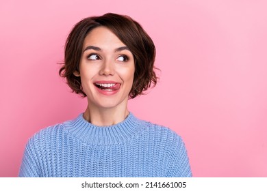 Close-up image of beautiful lady looking empty space licking lips see cool advertisement isolated on pink color background - Shutterstock ID 2141661005