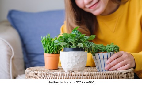 Closeup image of a beautiful young woman looking and taking care of houseplants at home - Shutterstock ID 2219756061