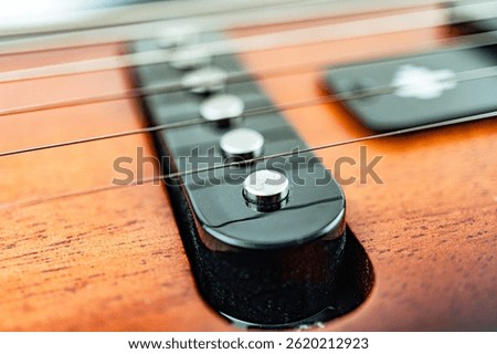 Close-up image of a beautifully crafted guitar, with a focus on the neck and headstock area The dark-stained wood stands out against polished silver tuning pegs Blurred background creates anticipat