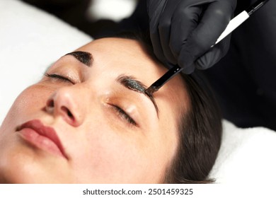 A close-up image of a beauty professional applying eyebrow tint to a woman's brows using a fine brush. The woman’s eyes are closed, focusing on the precision and care in the tinting process. - Powered by Shutterstock