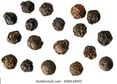 Close-up image of black pepper on white background, view above, no shadows