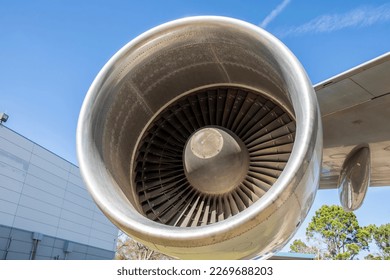 The closeup image of boeing 747 engine. It is part of original NASA 905 shuttle carrier aircraft presented by Boeing in Independence Plaza of Space Center Houston. - Powered by Shutterstock