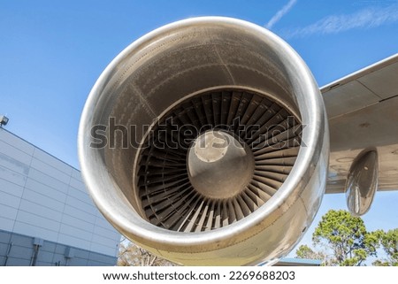 The closeup image of boeing 747 engine. It is part of original NASA 905 shuttle carrier aircraft presented by Boeing in Independence Plaza of Space Center Houston.