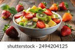 A close-up image of a bowl of fresh fruit salad with strawberries, kiwi, and pineapple on a wooden table.