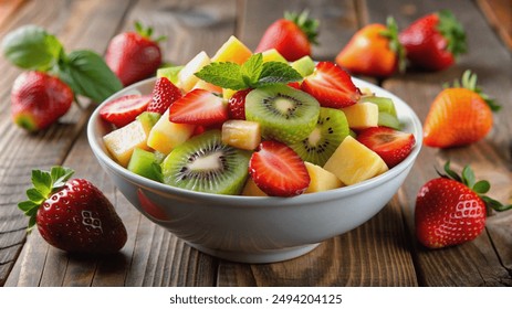 A close-up image of a bowl of fresh fruit salad with strawberries, kiwi, and pineapple on a wooden table. - Powered by Shutterstock